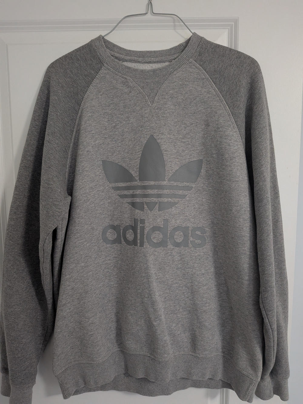 adidas Men’s Light Grey Crewneck Sweatshirt with Blue Brand Tag